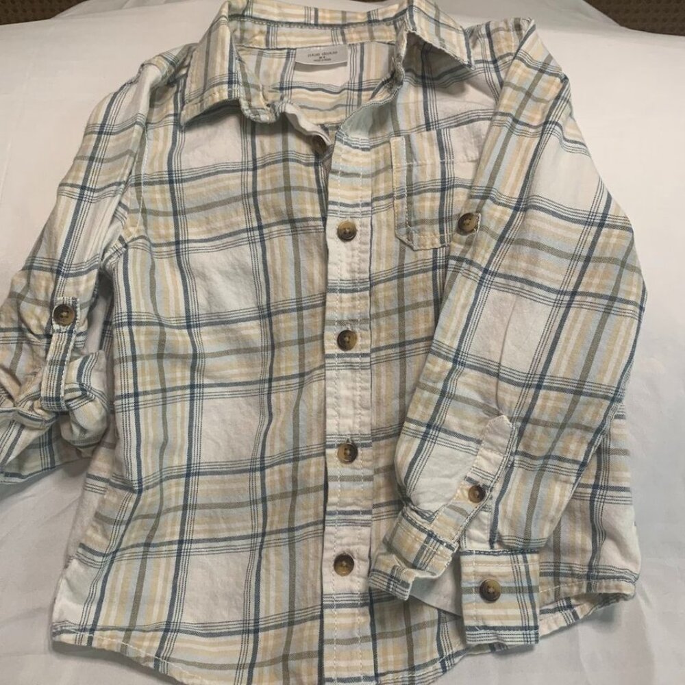 OKIE DOKLE BOY LONG SLEEVE SHIRT SIZE 5 100% COTTON BEIGE AND GREEN PLAID SHIRT